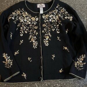Vintage Tiara Black and Gold Floral Embroidered Button Up Cardigan Sweater